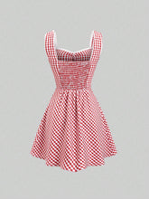 1pc Red & White Checkered Sleeveless Casual Dress, Summer